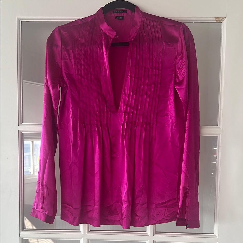 Theory Pink Silk Tuxedo Long Sleeve Blouse with Mandarin Collar